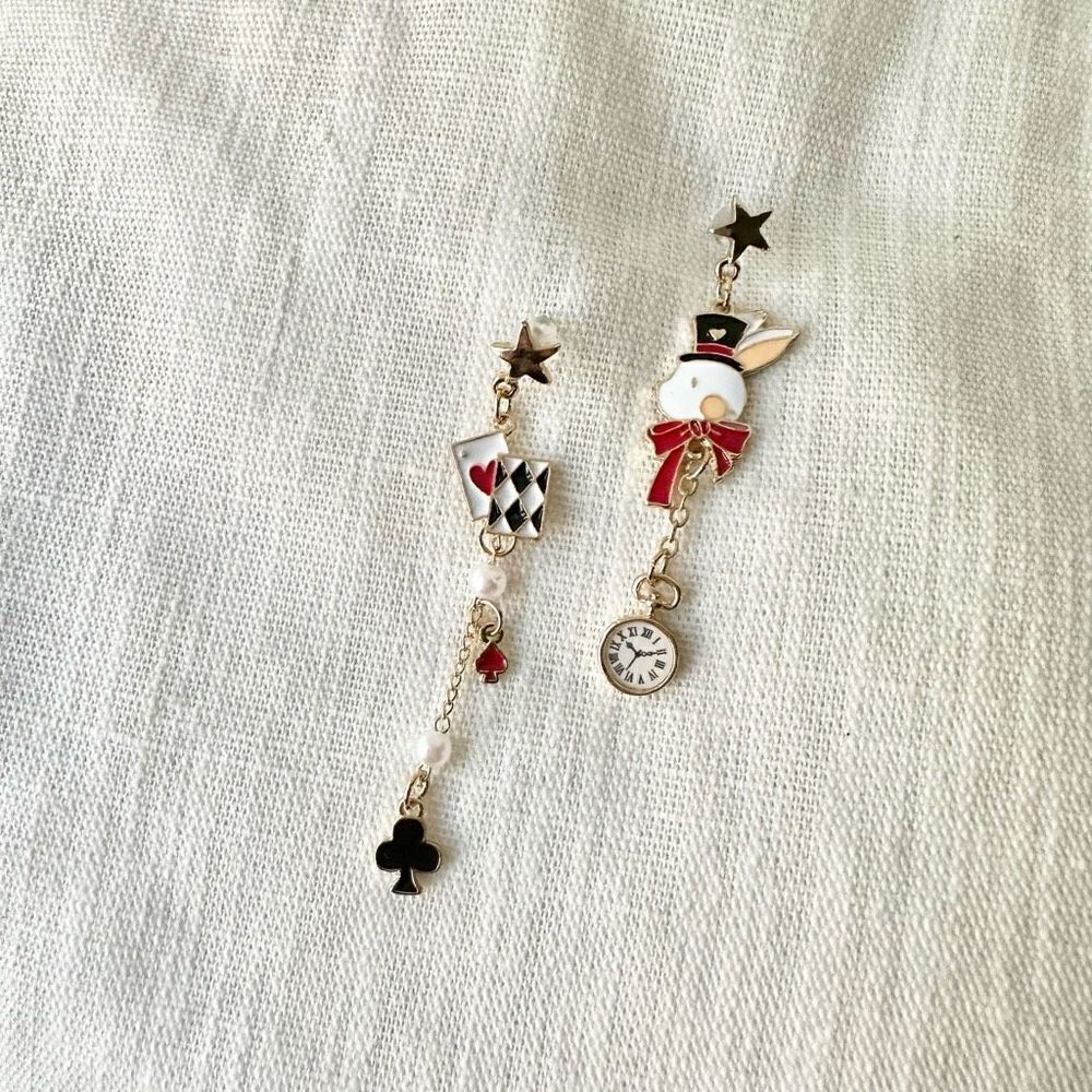 Alice in wonderland top hat white rabbit dangle earrings with playing ca…